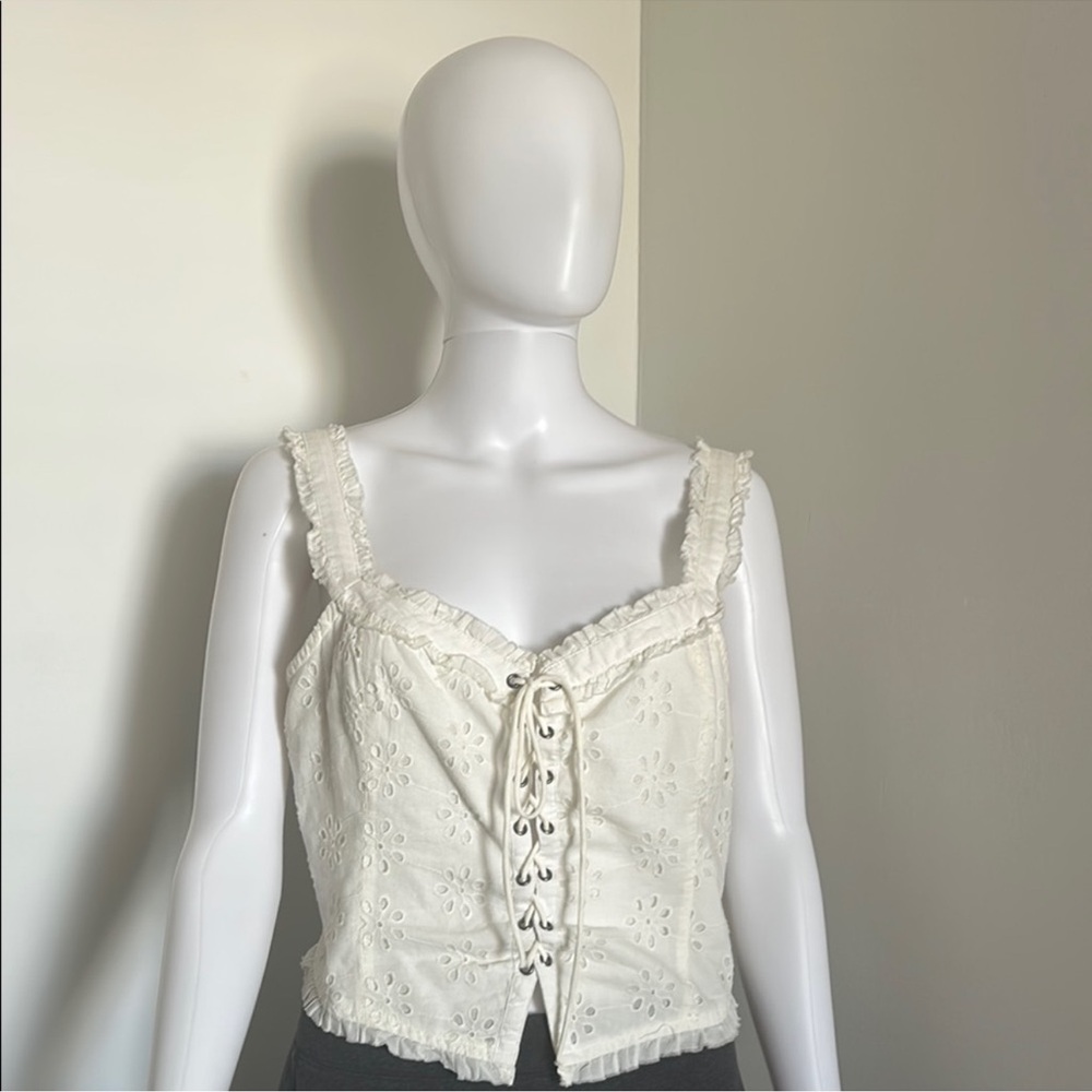 Urban Outfitters Cream Eyelet Lace-Up Crop Top